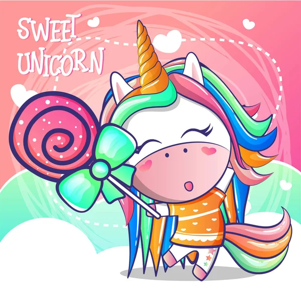 Unicorn lucu dengan permen manis - Stok Vektor