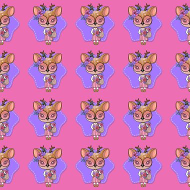 Tebrik kartı Sevimli Bebek Geyik çiçekler ve pembe bir arka plan üzerinde kalpleri ile