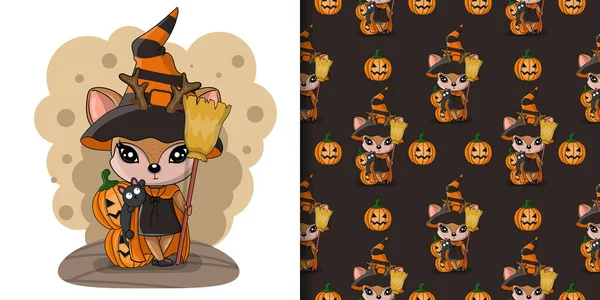 Halloween illustration of Cute Cartoon deer and pumpkin — 스톡 벡터