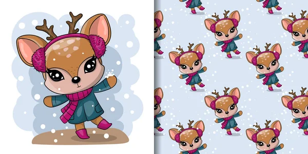 Selamlar Noel kartı Şirin desenli geyik çizimi — Stok Vektör