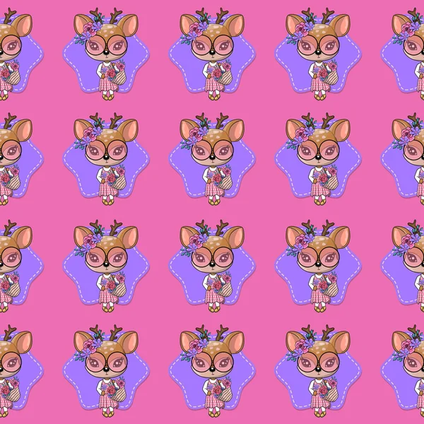Cartão de saudação Cute Baby Deer com flores e corações em um fundo rosa — Vetor de Stock