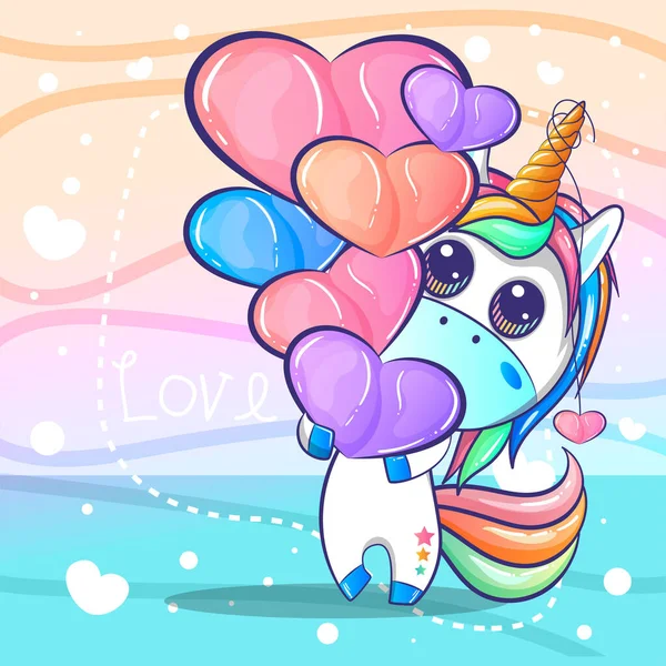 Licorne mignonne avec des coeurs dessin animé — Image vectorielle