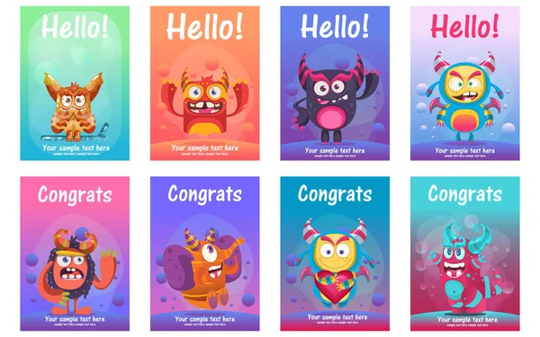 Cute monster greeting cards set — 스톡 벡터