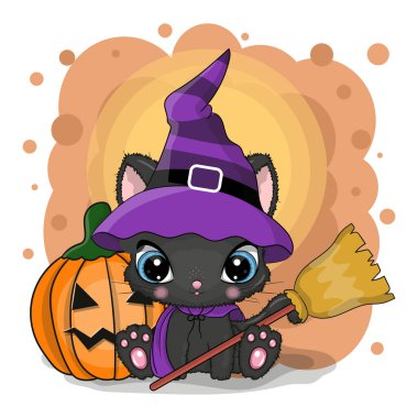 Beyaz bir arka planda kabak ile karikatür kedi sevimli Halloween Illustration