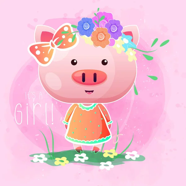 Мила дівчина свиня з квітами на рожевому фоні . — стоковий вектор