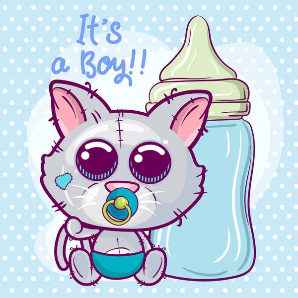 Cute Cartoon Kitten chłopiec z butelką karmienia-wektor — Wektor stockowy