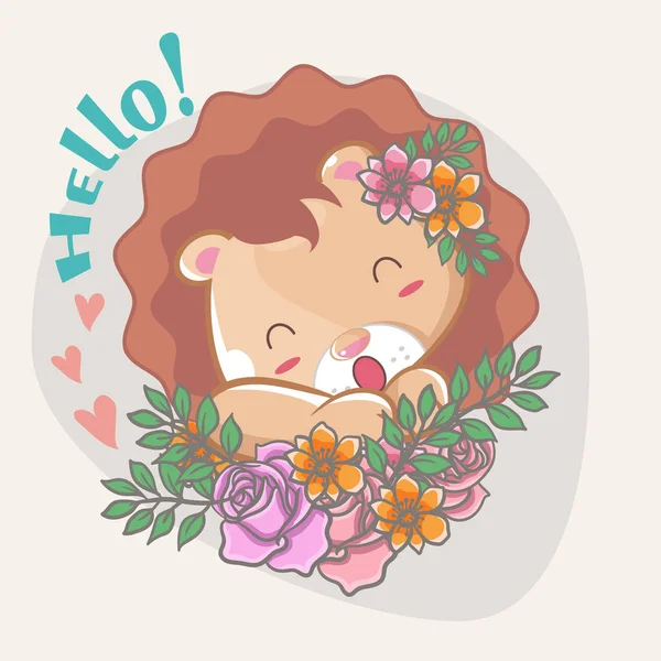 Ručně kreslené šťastný roztomilý lev s květinami pro děti — Stockový vektor