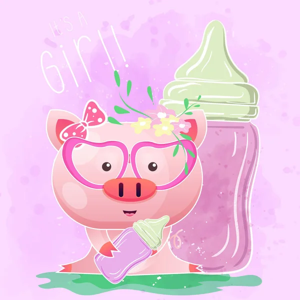 Süßes Schwein mit Futterflasche. Vektor — Stockvektor