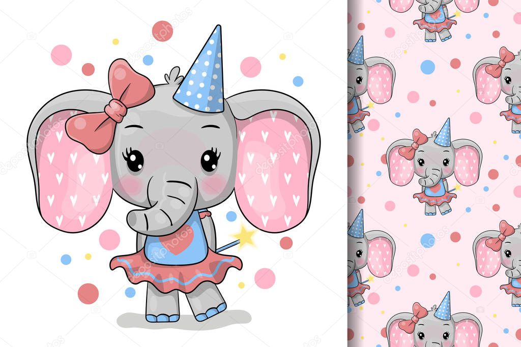 cute cartoon elephant greeting card. Design for party card, print, poster. Pet vector illustration.