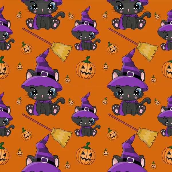 Cute Halloween illustration of Cartoon cat with pumpkin seamless pattern — 스톡 벡터