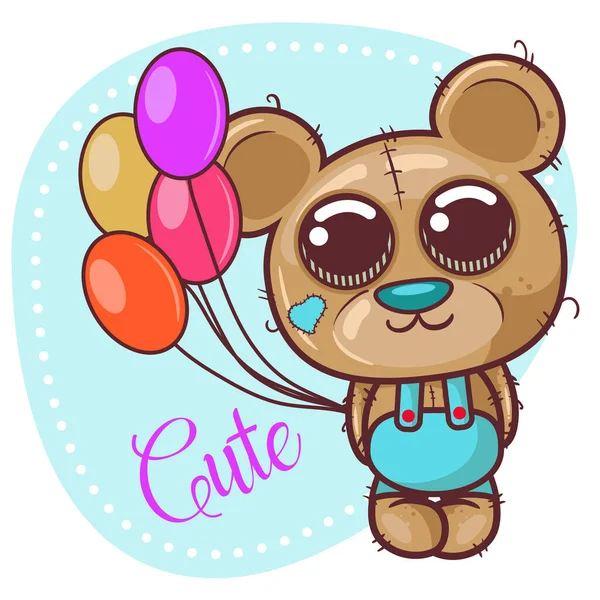 Tarjeta de felicitación lindo oso de peluche de dibujos animados con globos - Vector — Archivo Imágenes Vectoriales