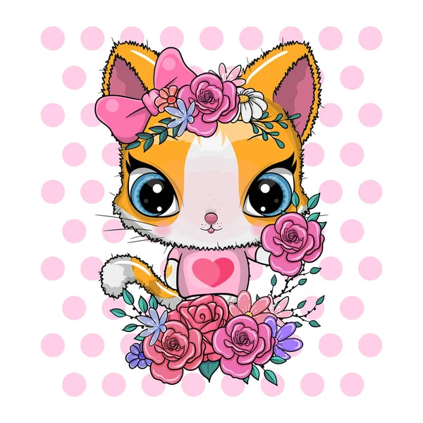Tarjeta de felicitación lindo gatito con flores — Vector de stock