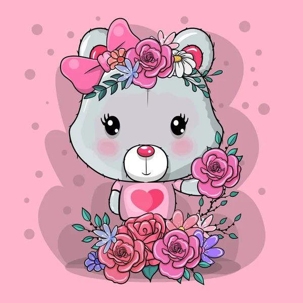 Greeting card Bear with flower and hearts — ストックベクタ