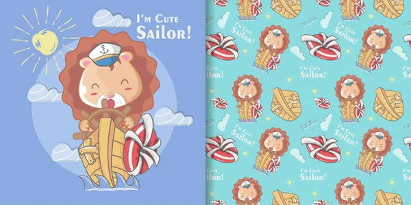 Ručně kreslené roztomilý námořník lev bezešvé vzor a ilustrační karta — Stockový vektor