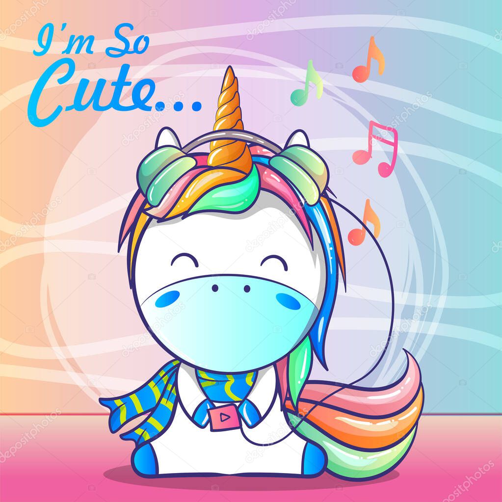 cute baby unicorn listening music