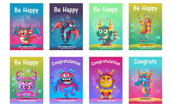 Cute monster greeting cards set — 스톡 벡터