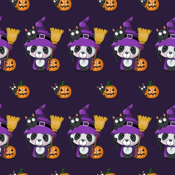 Bonito Halloween ilustração do panda dos desenhos animados com abóbora — Vetor de Stock