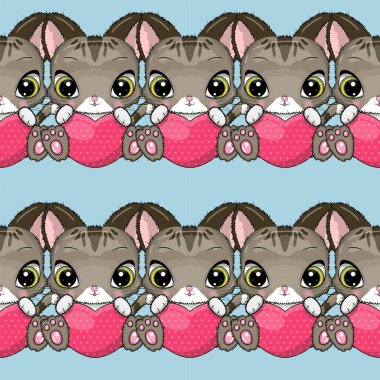 Seamless Pattern Cute Cartoon kitten with heart