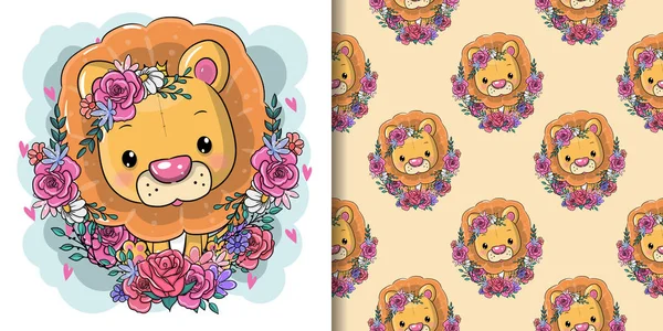 Cute Cartoon Lion with flowers on a white background — Stock Vector