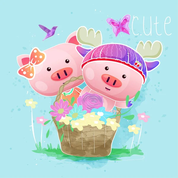 Cute pigs in the spring basket. vector — Stock Vector