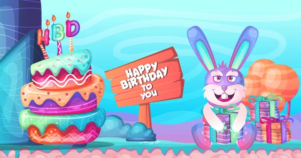 Fondo de color con lindo monstruo y adornos para la fiesta de cumpleaños. Ilustración vectorial - Vector — Archivo Imágenes Vectoriales