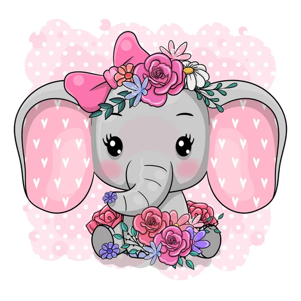 Cute Cartoon Słoń z kwiatami na białym tle — Wektor stockowy