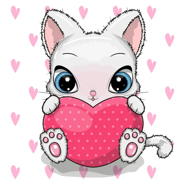 Cute Cartoon kitten with heart isolated on a white background — ストックベクタ