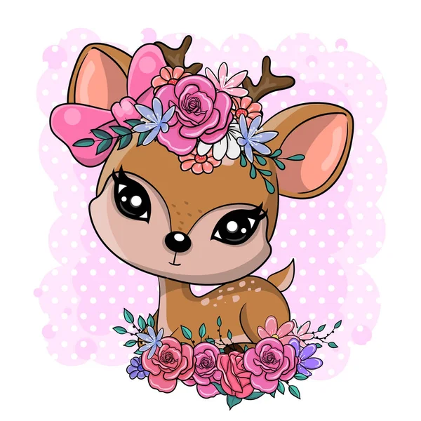 Cute Cartoon Baby Deer with flowers on a pink background — Stock Vector