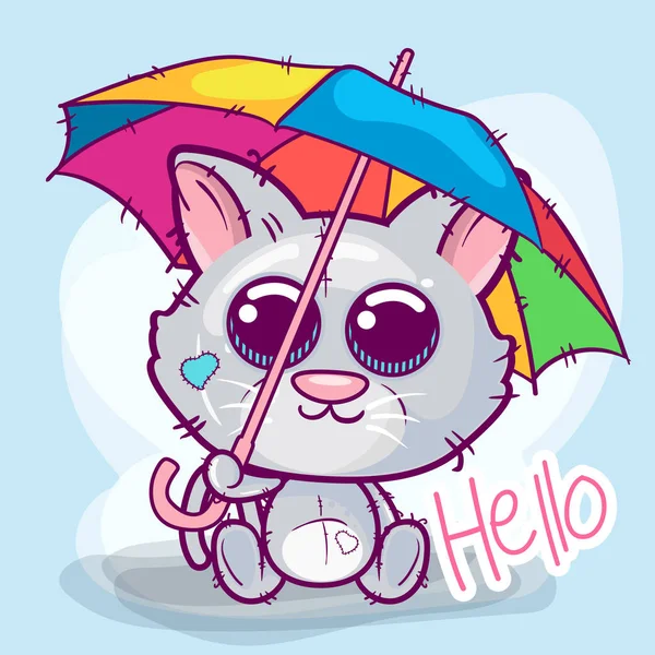 Chaton dessin animé mignon avec un parapluie - Vecteur — Image vectorielle