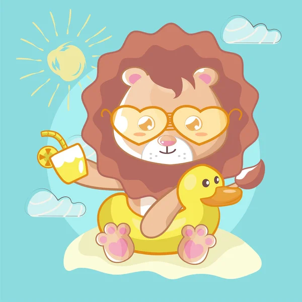 Schattig leeuw in het strand illustratie voor kinderen — Stockvector
