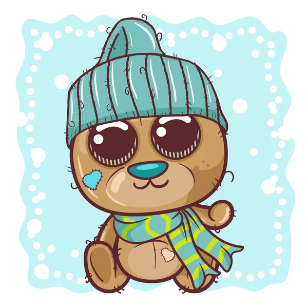 Bonito oso de peluche de dibujos animados en una gorra de punto se sienta en una nieve - Vector — Archivo Imágenes Vectoriales