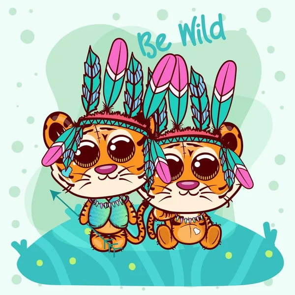 Two Cute Cartoon tiger boy and girl with feathers - Vector — Stock Vector