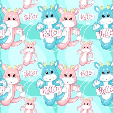 hand drawn cute couple dragon pattern set