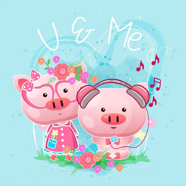 Baby Shower Greeting Card with cute pigs cartoon. — Stock Vector