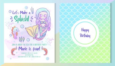 Kids birthday party front and back invitation card with cute little mermaid and marine life