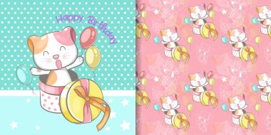 greeting card with cute cat and pattern set