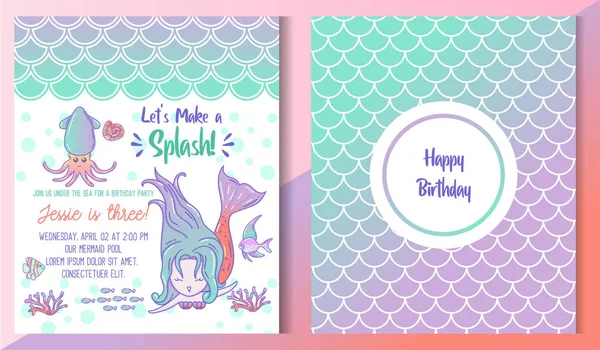 Kids under the sea birthday party invitation card. Kids birthday party front and back invitation card with cute little mermaid and marine life — 스톡 벡터