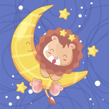 hand drawn happy cute lion with moon for kids