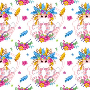 hand drawn cute dragon and feathers pattern set