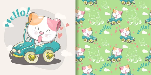 Cute cat on a green car with pattern set — Stock Vector