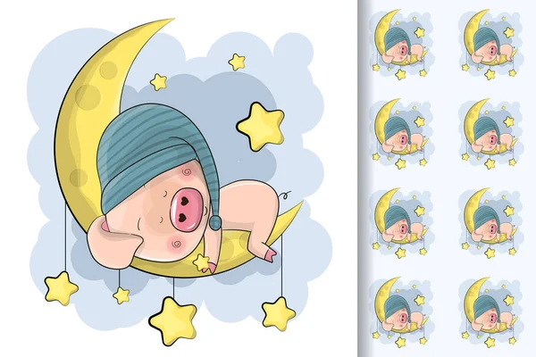 Niedlichen Cartoon-Schwein Schlaf auf dem Mond und nahtlose Muster für Kinder — Stockvektor