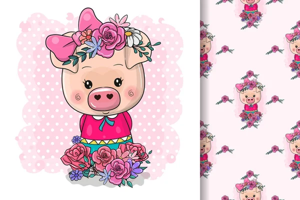 Lindo dibujo Piggy chica aislada sobre un fondo rosa — Vector de stock