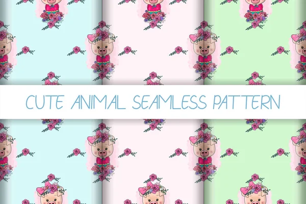 Cute piggy girl seamless pattern — Stock Vector
