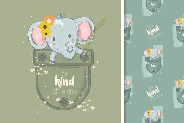 Cute card with cute elephant and seamless pattern — 스톡 벡터
