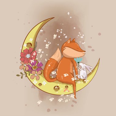 Ay 'da çocuklar için el çizimi şirin tilki resmi