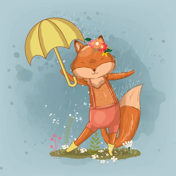 Hand drawn cute little fox with an umbrella illustration for kids — Stock Vector