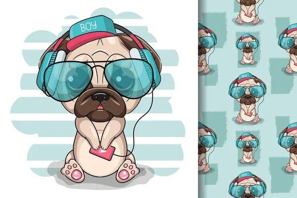 Bonito desenho animado Pug Dog com fones de ouvido em um fundo branco — Vetor de Stock