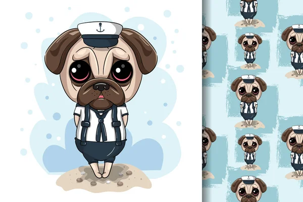 Roztomilý karikatura pug pes s mořský vlastní — Stockový vektor