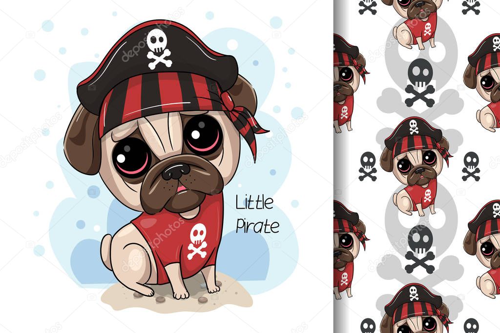 Cute cartoon Pug Dog pirate. vector print