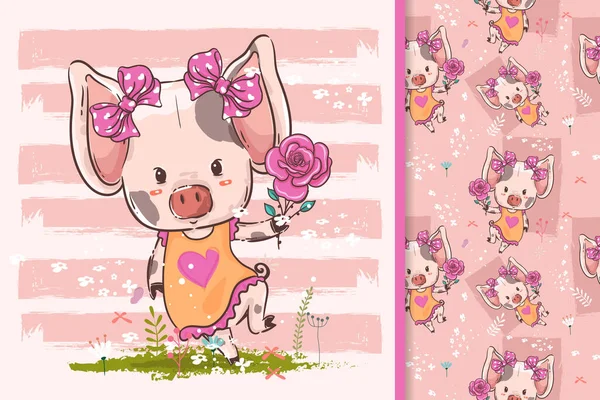 Hand Drawn Little Pig Flowers — Stock Vector